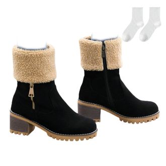 Generic Womens Winter Boots with Warm Fleece Collar, Lined Mid-Calf Suede Boots with Side Zipper And Block Heel, Non-Slip Comfortable Boots for Autumn & Winte