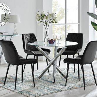 Furniturebox Selina Round Glass Chrome Leg Dining Table & Pesaro Black Leg Chairs | Size: 4 Person