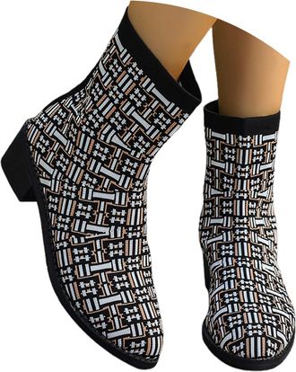 Generic Women Ankle Boots 2026 Womens Fashion Knit Stretch Pointed Toe Low Heel Mid Calf Comfortable Casual Booties for Daily Wear Travel Dating Outfits (Blac