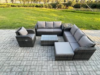 Fimous Rattan Outdoor Garden Furniture Sofa Set Patio Table & Chairs Set with 3 Seater Sofa Reclining Chair 3 Seater Sofa Big Footstool Side Table