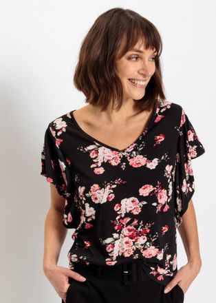Bonprix T-Shirt BONPRIX, Damen, Gr. 56/58 (XXXL), schwarz (schwarz, rosa gebl&uuml;mt), Web, Obermaterial: 100% Viskose, gebl&uuml;mt, loose fit h&uuml;ftbedeckend, Rundhals