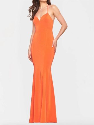 Faviana Fit & Flare Open Back Gown In Tangerine
