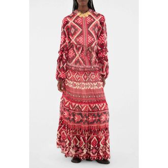 Farm Rio Ainika Long Sleeve Tiered Maxi Dress in Graphic Ainika Red at Nordstrom Rack, Size Medium