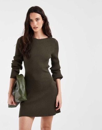Vero Moda vestito mini lavorato a maglia a maniche lunghe con scollo a barchetta in verde scuro
