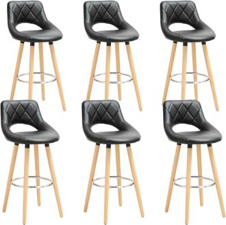 Woltu Woltu - Juego De 6 Taburetes De Bar, Piel Sint&eacute;tica Y Madera Maciza Con Respaldo Y Reposapi&eacute;s 43x43x91cm Negro