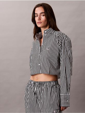 Calvin Klein Womens Cotton Poplin Cropped Sleep Shirt - Black - XL