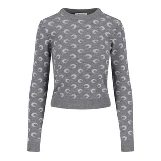 Marine Serre Round-neck Knitwear, female, Gray, Size: L Grey Moon Logo Wool Sweater