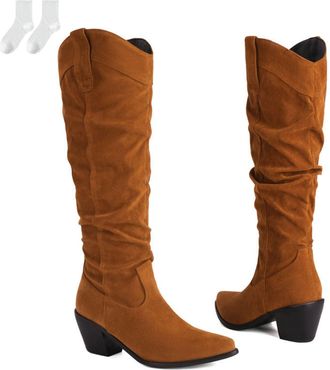 Generic Womens Knee-High Boots in A Suede Look, Casual Pull-On Boots with A Block Heel, Comfortable Tall Boots with A Pointed Toe for Everyday Wear, Autumn An