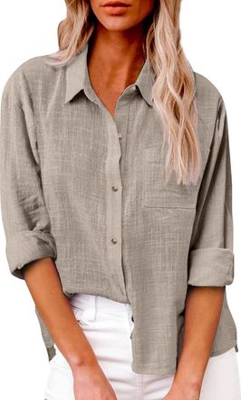 Generic Cotton Shirts for Women UK, Womens Shirts and Blouses UK, Button Down Cotton Linen Solid Colour T-Shirts Roll Up Sleeve Collared Tunic Tops for Work L