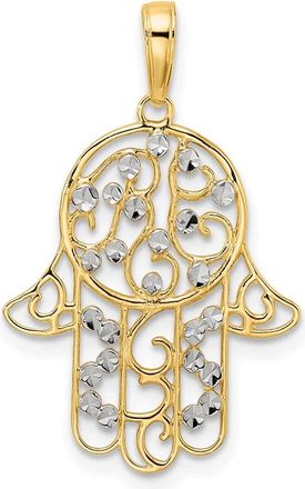 Diamond2Deal 14k Yellow Gold White Rhodium Diamond-Cut Fancy Hamsa Pendant