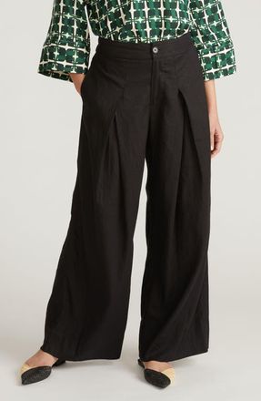 Universal Standard Marley Pleated Linen Blend Wide Leg Pants in Black at Nordstrom, Size Xl