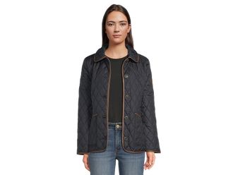 Lauren Ralph Lauren Button Front Quilt W Pu 26 Womens Jacket Dark Navy : LG, Polyester