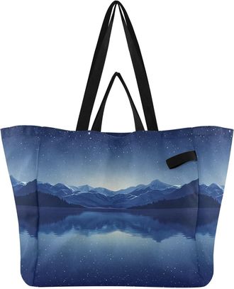Generic Starry Mountain Lake Blue print Reusable Canvas Tote Bag, Heavy Duty Grocery Shopping Bag with Large Capacity Hard Bottom Double Handles Work Grocerie