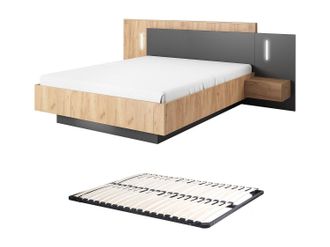 Vente-Unique Cama con mesitas de noche 140 x 190 cm - 2 cajones - Con LEDs - Color: Natural y antracita + Somier - FRANCOLI