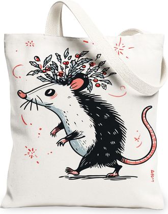 Generic Animal Canvas Tote Bags, Cute Possum Floral Pattern Reusable Grocery Bags, Winter Lightweight Washable Shoulder Strap for T, White, 13x15 Inch
