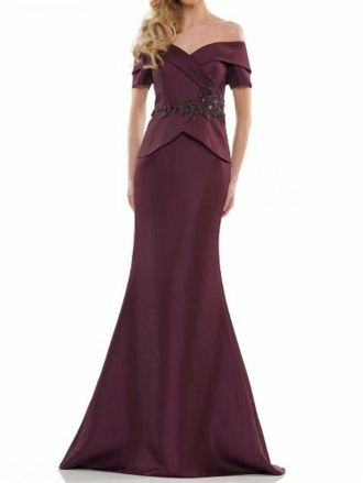 Colors Dress Beaded Waist Peplum Gown In Wine