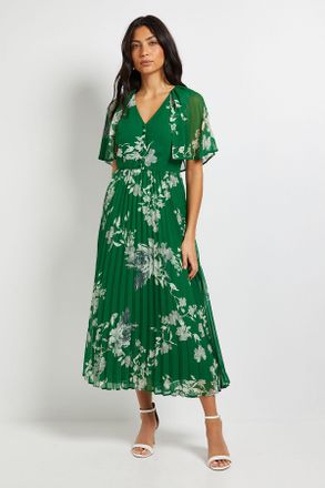 Wallis Womens Pleated Cape Sleeve Midi Dress - Green - Size 12 UK