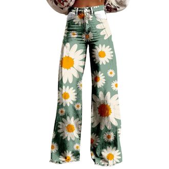 Generic Women Floral Print Boho Trousers Wide Leg Trousers for Women UK Patterned Petitetrousers Haremtrousers with Pockets Linenpants Casualtrousers Summertr