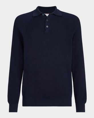 Brunello Cucinelli Mens Cotton English Rib Knit Polo Sweater