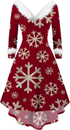 Generic Christmas Dress Womens Elegant Dress Christmas Womens Long Sleeve with Plush V-Neck Christmas Dresses Christmas Motif Party Dress Miss Santa Costume C