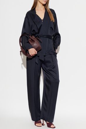 Victoria Beckham Satin Pleated Trousers, Womens, Navy Blue