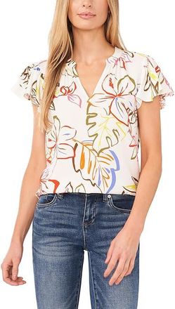 CeCe by Cynthia Steffe V-Neck Shirred Flutter Sleeve Blouse Womens Clothing New Ivory : MD, Viscose