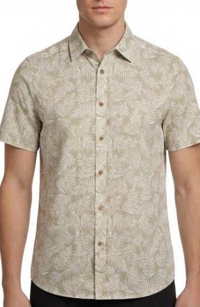 Report Collection Palm Leaf Print Short Sleeve Linen & Cotton Blend Button-Up Shirt in Moss at Nordstrom Rack, Size Xx-Large