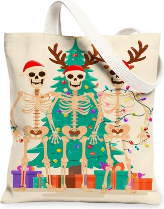 Generic Skeleton Holiday Canvas Tote Bags, Fun Christmas Design Reusable Grocery Bags, Vintage Lightweight Washable Shoulder Strap, Beige, 13x15 Inch