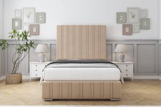 Sloomy Langston Plush Deep-Sided Bed Frame With 50 Upholstered Headboard in Stone | Size: Small Double