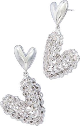 Savvy Cie Jewels RHODIUM PLATED OVER BRASS DOUBLE HEART DROP EARRINGS