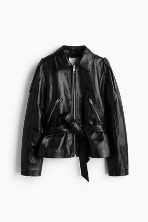 H&M Jacke mit Coating und Bindeg&uuml;rtel - Schwarz