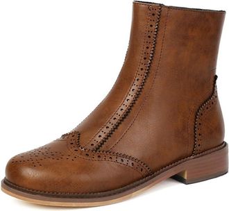 Generic Womens Western Cowgirl Ankle Boots Side Zipper Perforated Round Toe Low Block Heels Retro Brouge Dress Shoes (Brown,5.5)