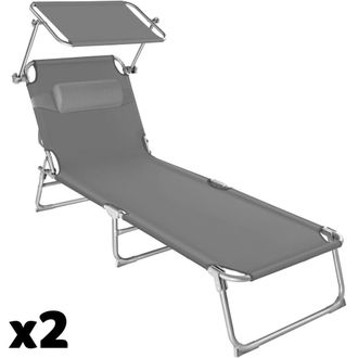 TecTake 2 tumbonas ajustables en 4 niveles con parasol y reposacabezas, gris
