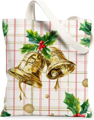 Generic Christmas Canvas Tote Bags, Bells and Leaves Design Reusable Grocery Bags, Festive Lightweight Washable Shoulder Strap Canv, White, 13x15 Inch