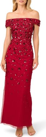 Adrianna Papell Off the Shoulder Beaded Column Gown in Cranberry at Nordstrom, Size 14