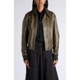 Bottega Veneta Intrecciato Collar Leather Jacket in 3476 Wader Green at Nordstrom, Size 40