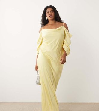 Tfnc Plus Vestito lungo con spalle scoperte e scollo ad anello giallo limone con maniche arricciate