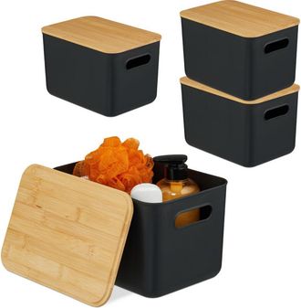 Relaxdays Relaxdays storage boxes, 4pc set, lid, plastic and bamboo, handles, H x W x D 16 x 26 x 17.5 cm, black