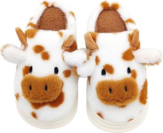 Generic Cow Print Slippers for Women, Adults Cute Soft Plush Thick Cozy Slides, for Winter, Gift, Family Party Indoor (Brown, M, Adult, Women, 7.5, Numeric, U