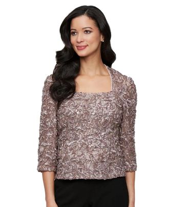 Alex Evenings Top Womens Mink Soutache Lace 3/4-Sleeve Square Neck PAL94