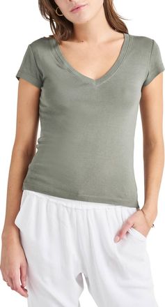 Splendid Faye V-Neck Tee In Soft Vintage Olive Branch