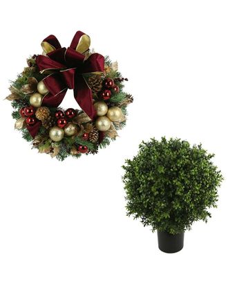 Creative Displays Inc. Holiday Set With 26In Christmas Wreath & Uv-Rated Boxwood Topiary