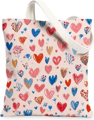 Generic ValentineS Day Hearts Canvas Tote Bags, Love Pattern Reusable Grocery Bags, Lightweight Washable Shoulder Strap Canvas for, Peach, 13x15 Inch