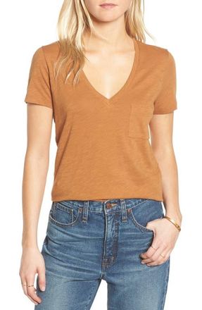 Madewell Whisper Cotton V-Neck Pocket Tee in Acorn at Nordstrom, Size Large