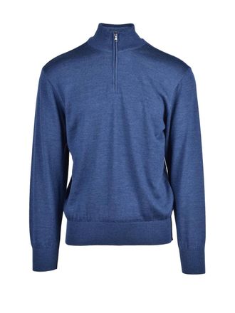 Paul & Shark Blue Wool-Blend Mock Neck Zip Sweater