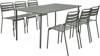 Sweeek 6-8 seater rectangular steel garden table with chairs, Amelia, Khaki Green, 160x90x72 cm