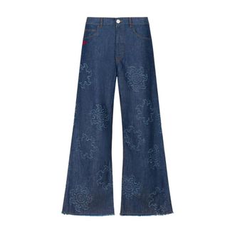 Marni Wide Jeans, male, Blue, Size: W32 Chambray Jeans with Frayed Sun Motif