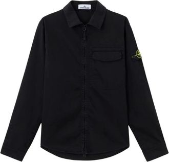 Stone Island Jassen, Heren, Zwart, XL, Katoen, Stretch Katoen Satijnen Overshirt