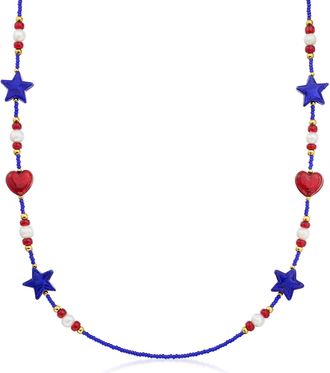 Ross-Simons Italian Red and Blue Murano Glass Patriotic Bead and 6.5-7mm Cultured Pearl Necklace With 18kt Gold Over Sterling