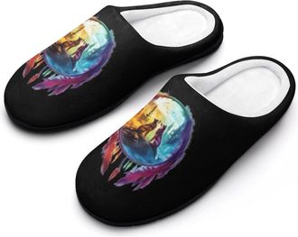 Generic Wolf Colorful Dream-catcher Cotton Slippers for Women Memory Foam Comfy House Shoes with Anti-Skid Rubber Sole